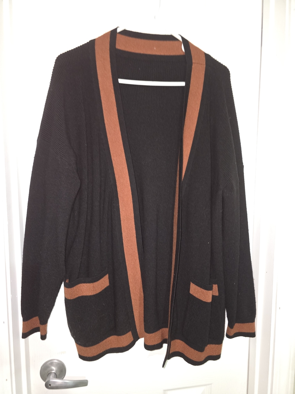 Amazon Essentials Black Open-Front Cardigan with Rust Trim